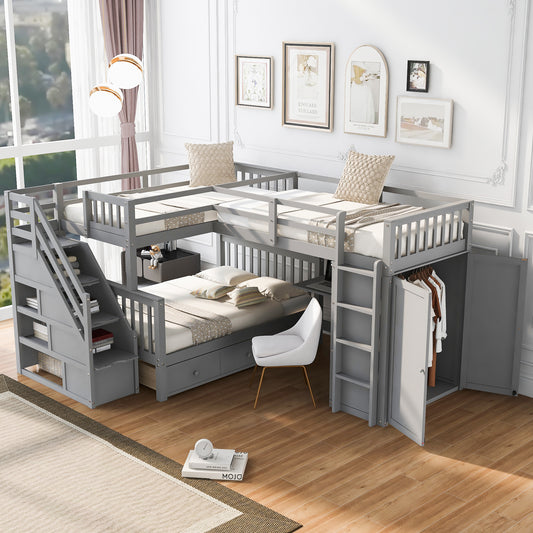 Gray Triple Bed with Integrated Desk, Wardrobe, and Drawers