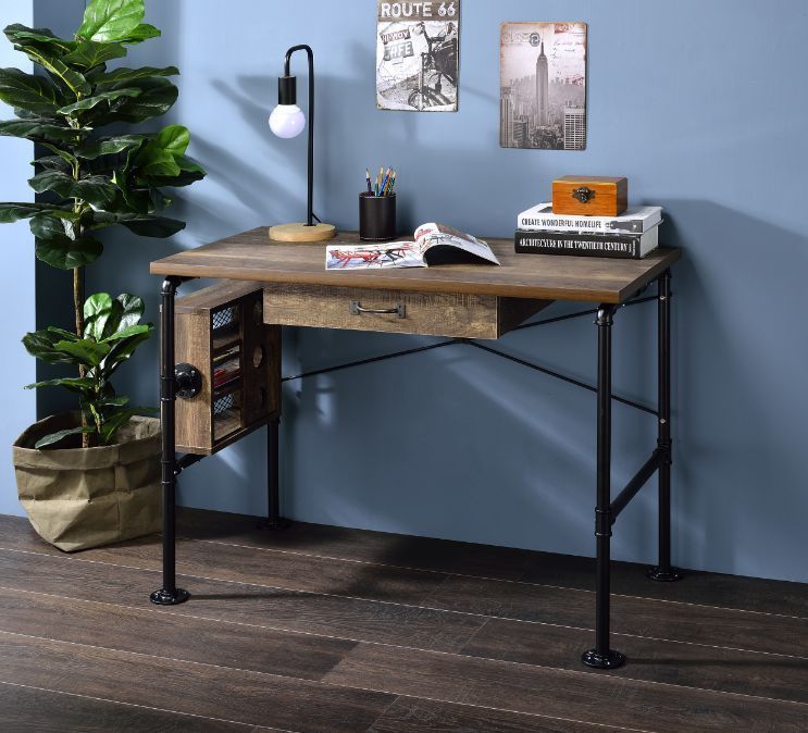 Oak and Black Industrial Writing Desk with Storage Shelf