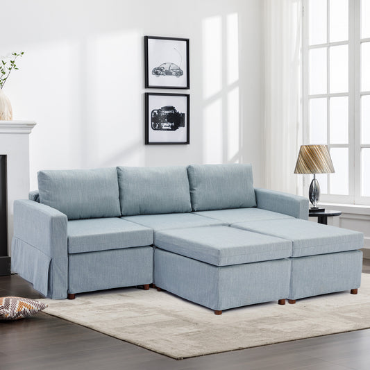 3-Seat Modular Sectional Sofa Set with 2 Ottomans, Removable and Washable Cushions, Light Blue