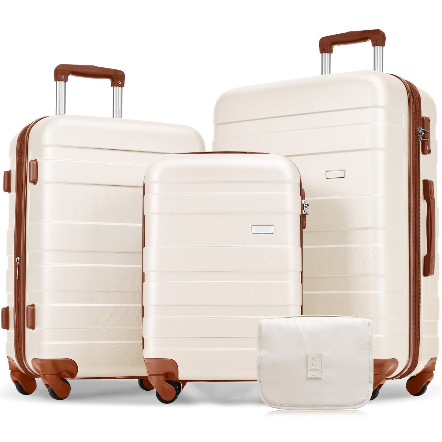 Luggage Sets 4 Piece, Expandable ABS Durable Suitcase with Hanging Toiletry Bag, Carry On Luggage Suitcase Set with 360° Spinner Wheels, Ivory and Brown