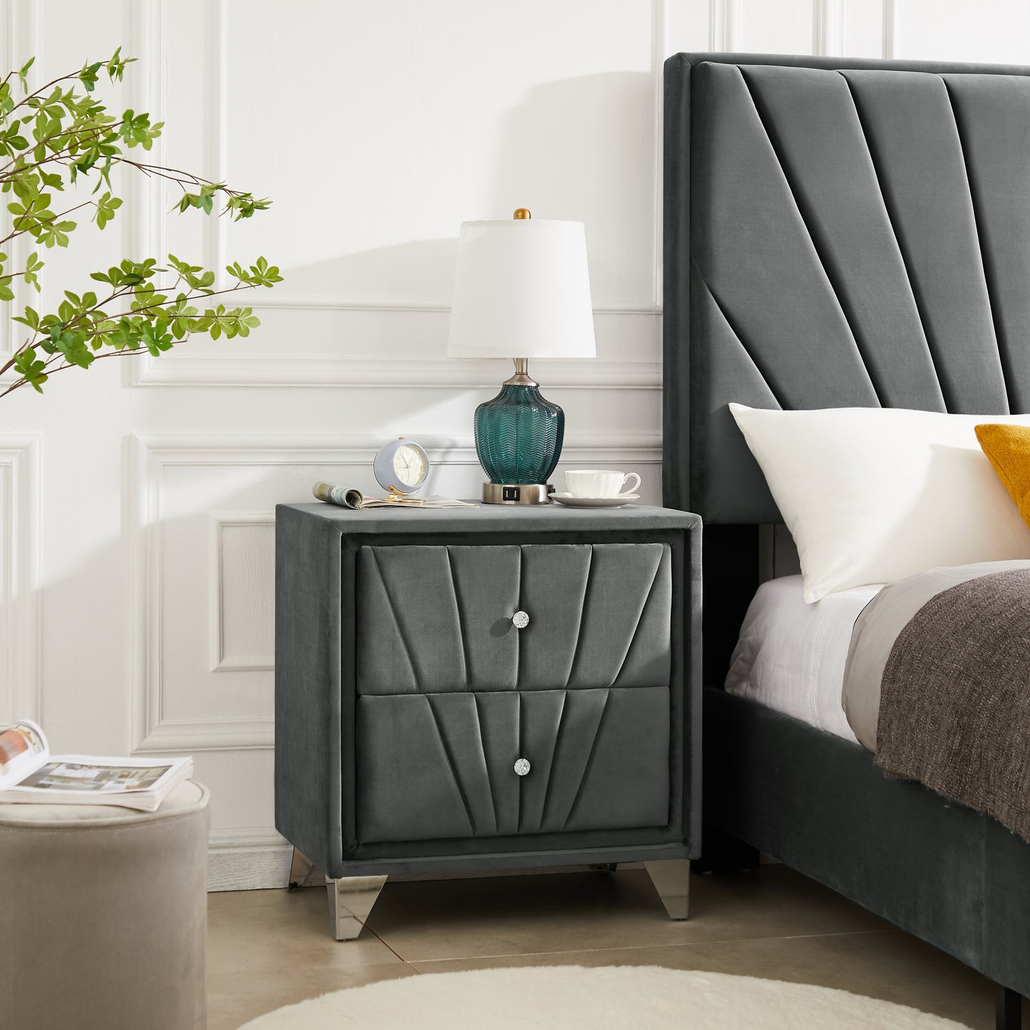 B108-TA Simple beautiful double-decker nightstand, metal legs，Gray Flannelette