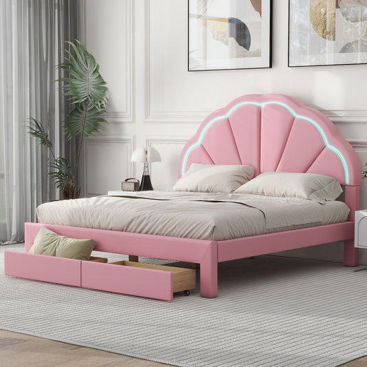 Queen Size Upholstered Platform Bed with Seashell Shaped Headboard, LED and 2 Drawers, Pink