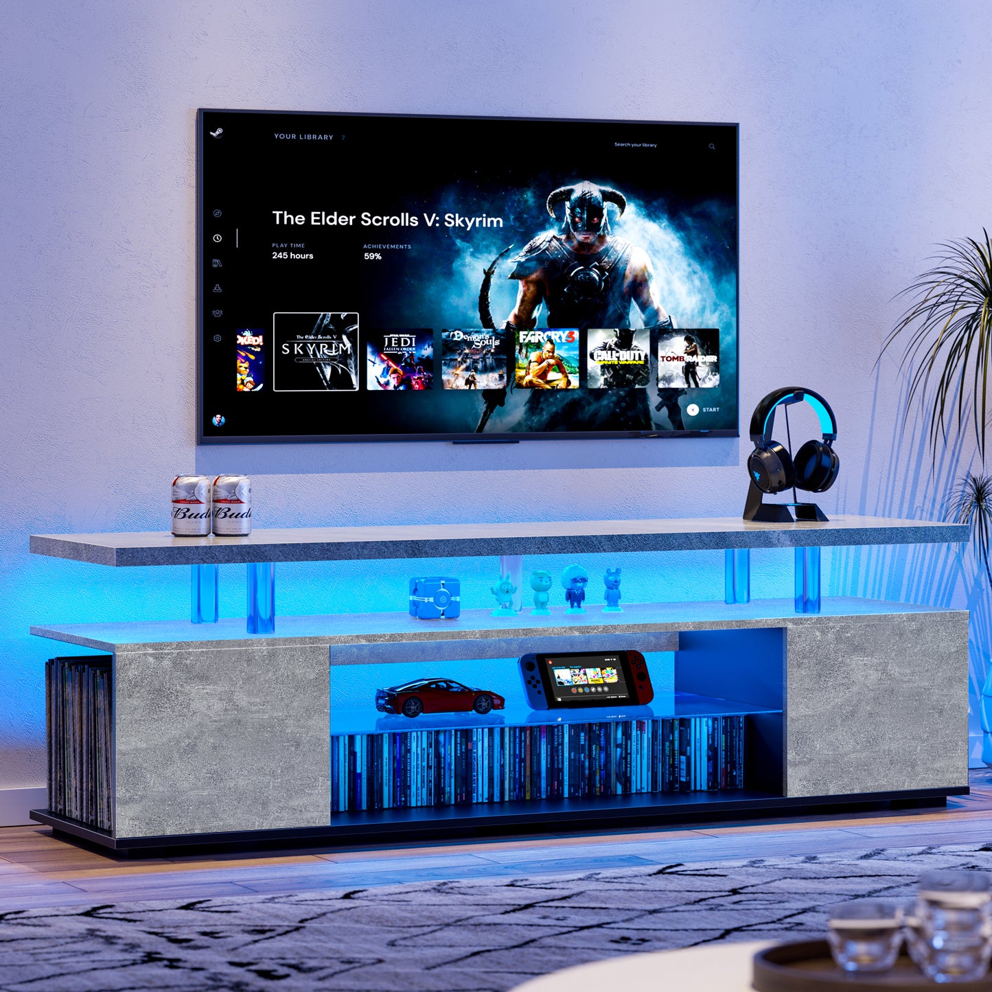 Streamlined Gray Entertainment Unit with Gaming Console Storage and Cable Management