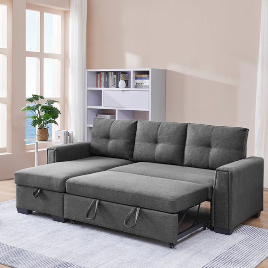 L-Shaped Dark Grey Sleeper Sectional Sofa with Pull-Out Bed and Storage Chaise