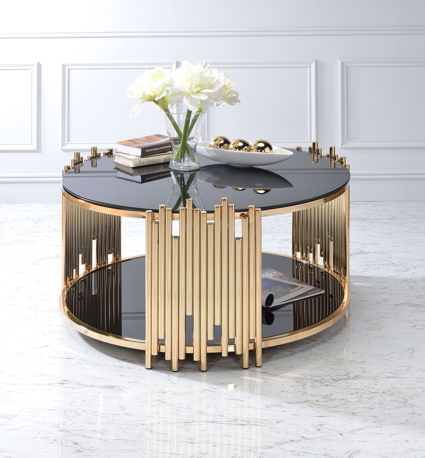 Gold & Black Glass Tanquin Coffee Table with Asymmetrical Metal Tubing