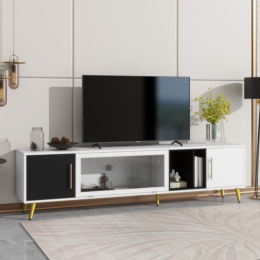 Elegant Two-Tone TV Stand with Gold Accents and Glass Door, White