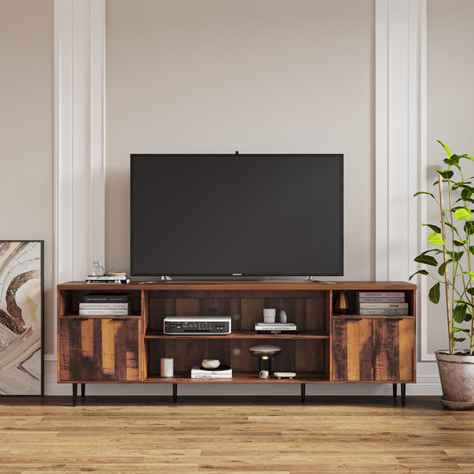 Contemporary Wooden TV Console with 4 Doors and 4 Open Shelves