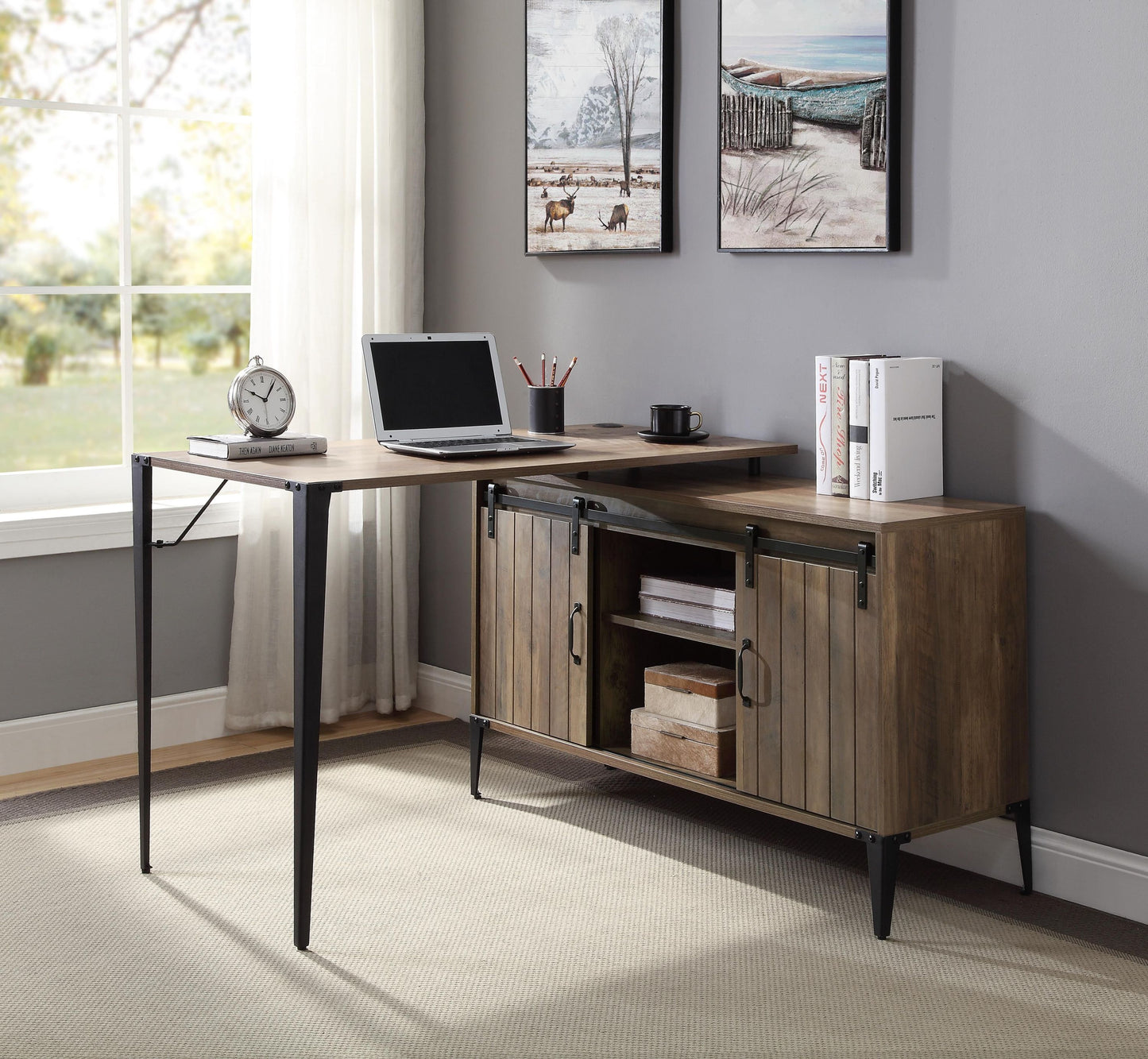 Rustic Oak Finish Industrial Writing Desk with Black Metal Accents & Storage Cabinet