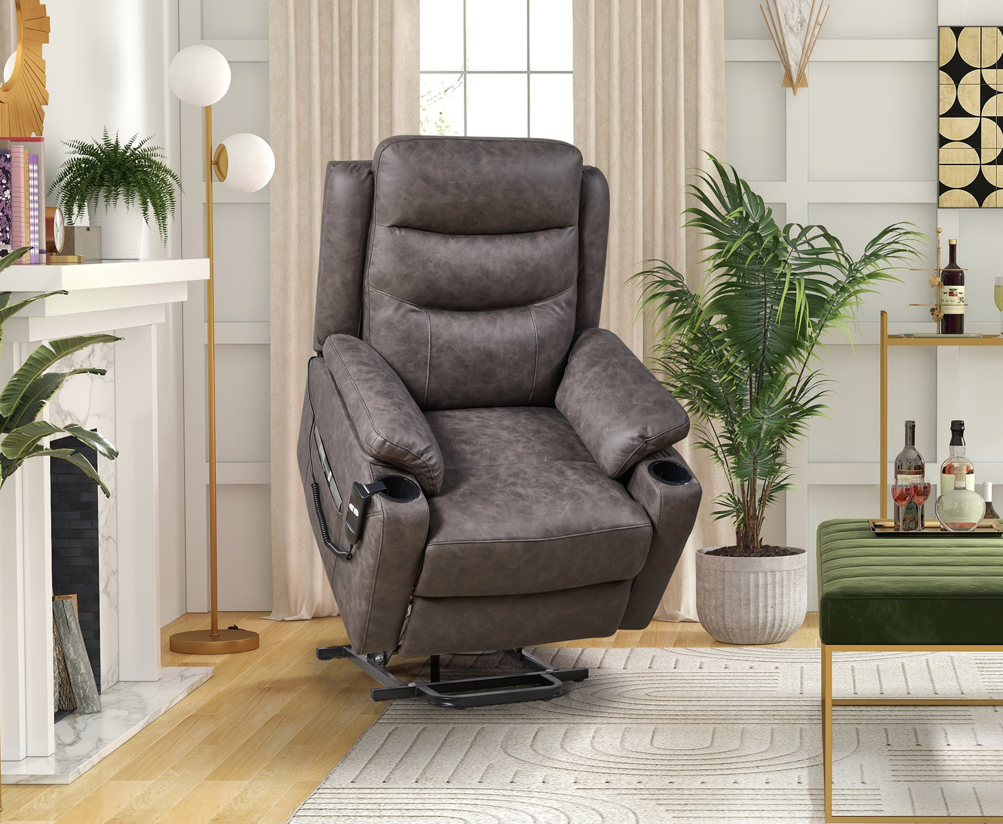 Electric Power Lift Recliner Chair with Suede Fabric and Cup Holders