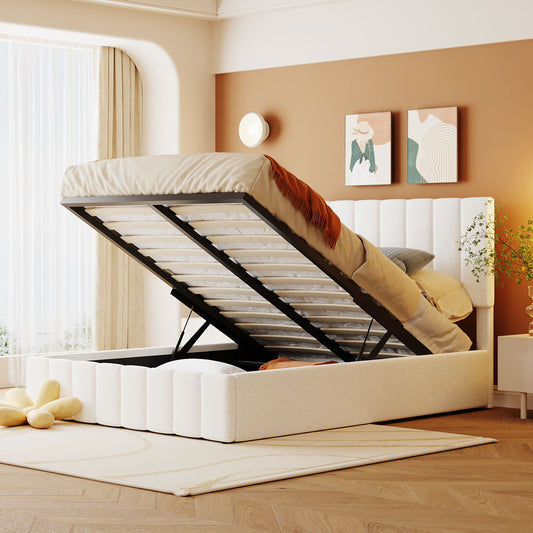 Full size Upholstered Platform bed with a Hydraulic Storage System - White