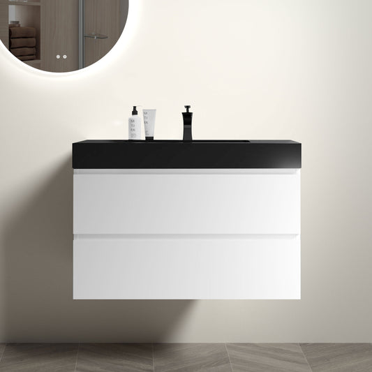 Alice 36" White Bathroom Vanity with Sink, Large Storage Wall Mounted Floating Bathroom Vanity for Modern Bathroom, One-Piece Black Sink Basin without Drain and Faucet