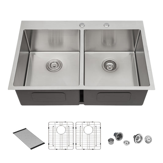 Modern Farmhouse Double Bowl Stainless Steel Kitchen Sink - 33x22x10 with Two 10 Deep Basins