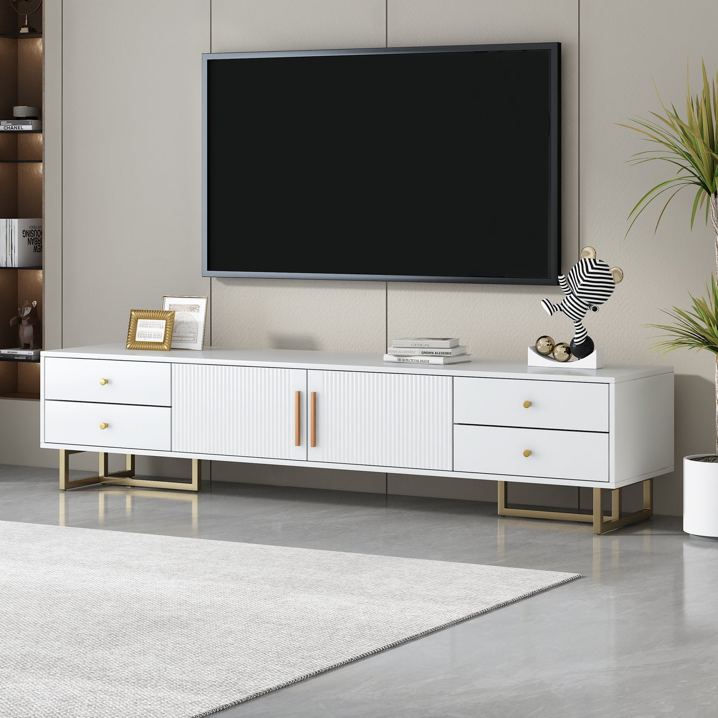 Modern White TV Stand with Storage Drawers and Cabinet