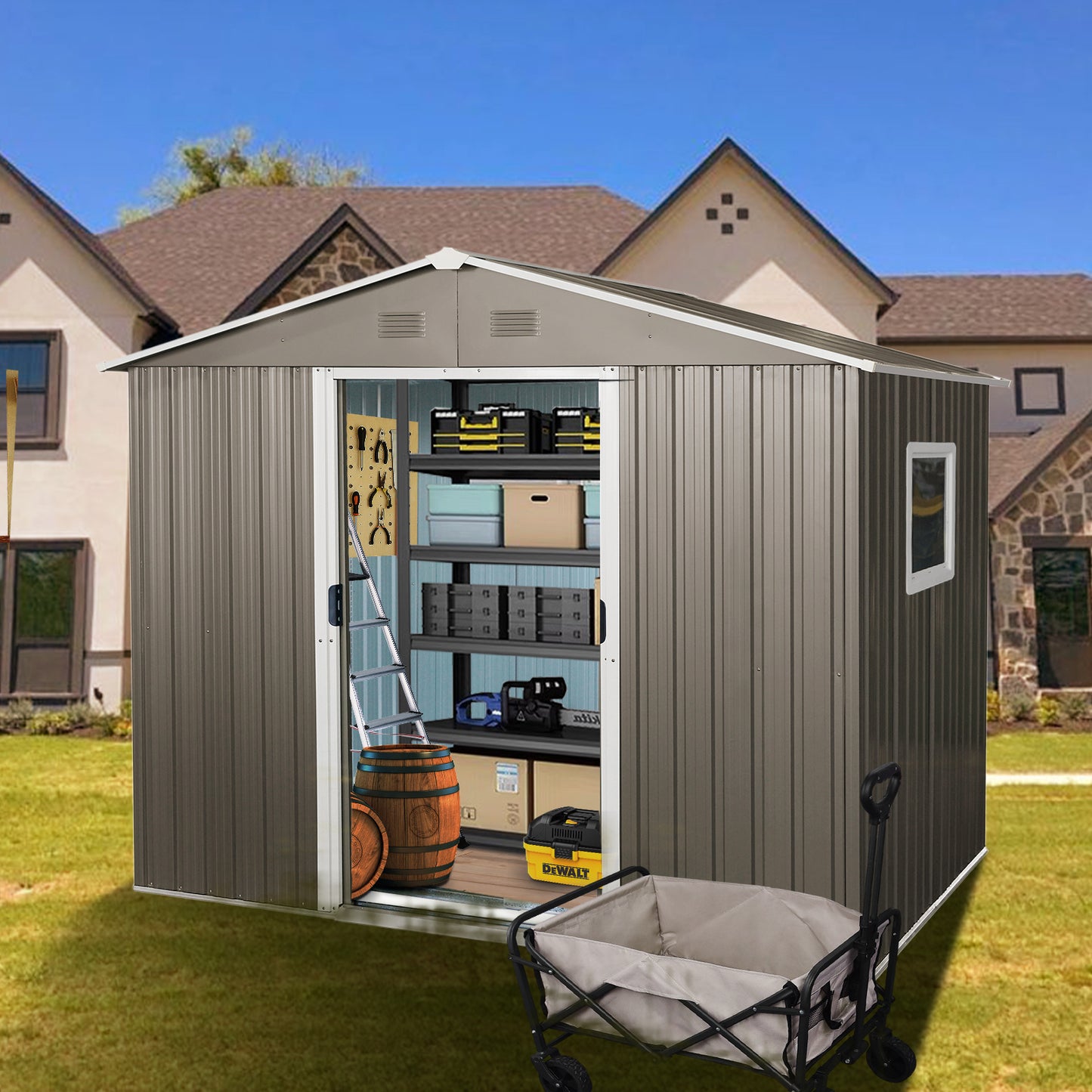 6ft x 8ft Outdoor Metal Storage Shed with Window Grey