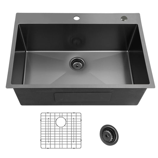 Gunmetal Black Stainless Steel Kitchen Sink - 25x22inch Topmount Single Bowl