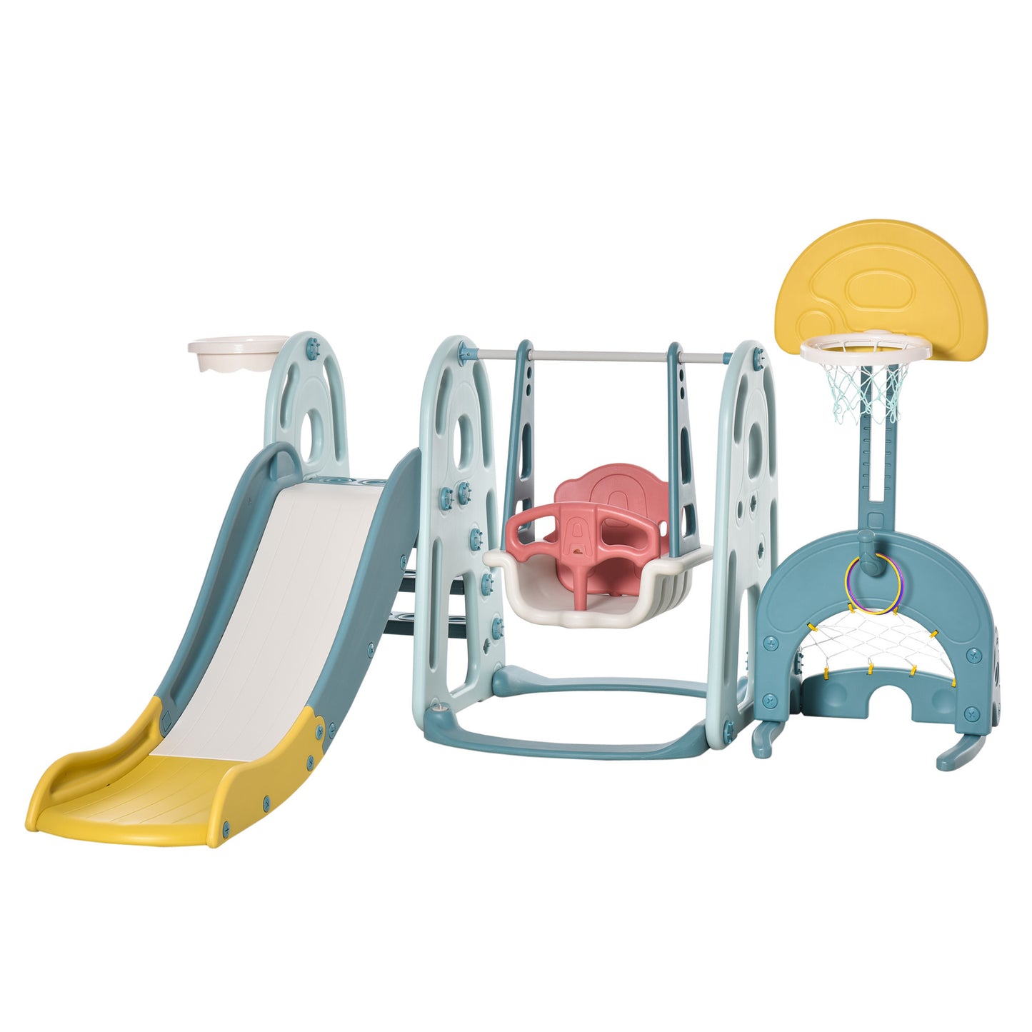 Qaba 5-in-1 Toddler Slide and Swing Set with Basketball Hoop and Ring Toss Game