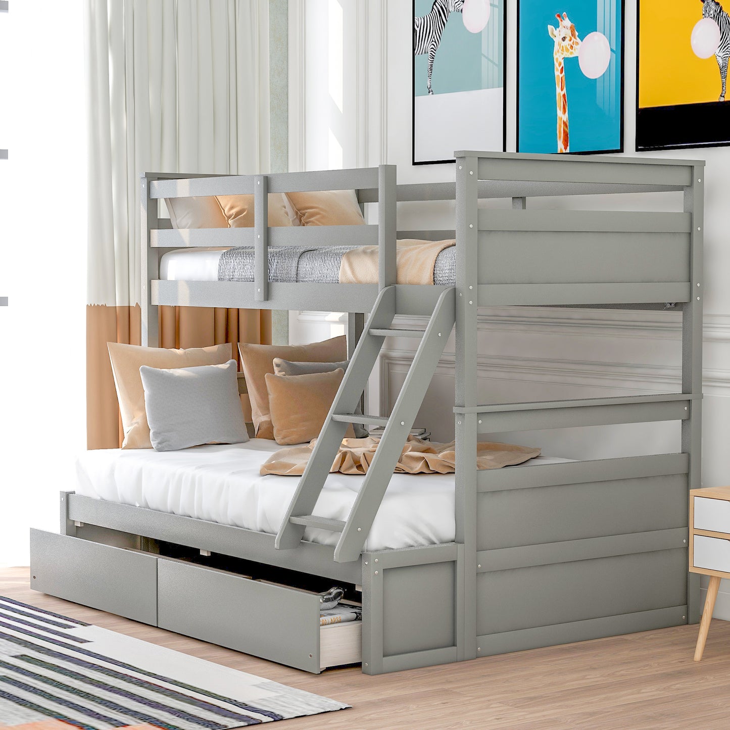 Gray Bunk Bed with Under-Bed Storage and Twin-Full Configuration