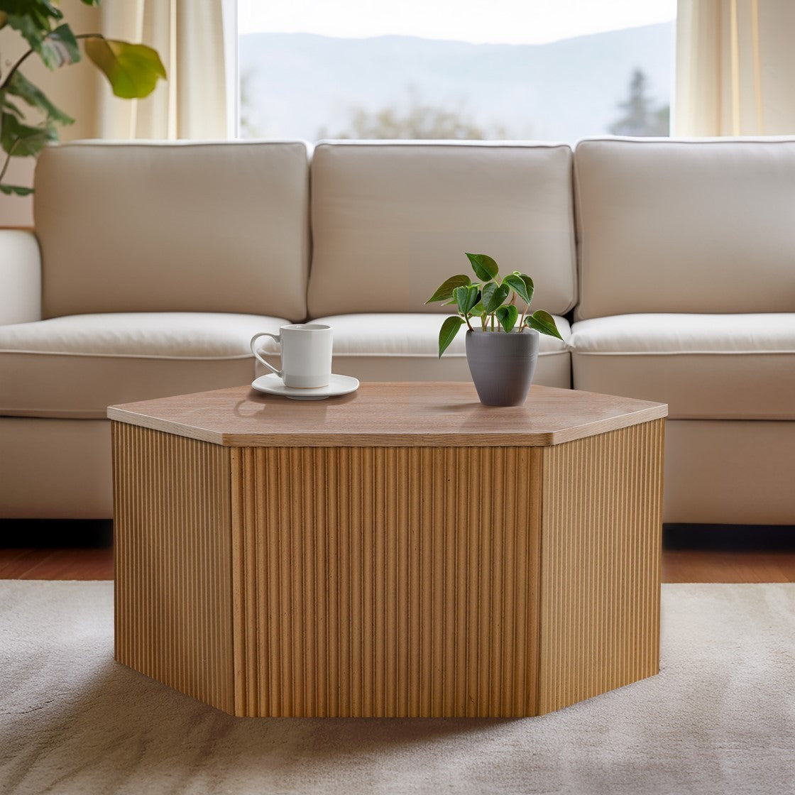 Hexagonal Wooden Coffee Table with Fluted Design