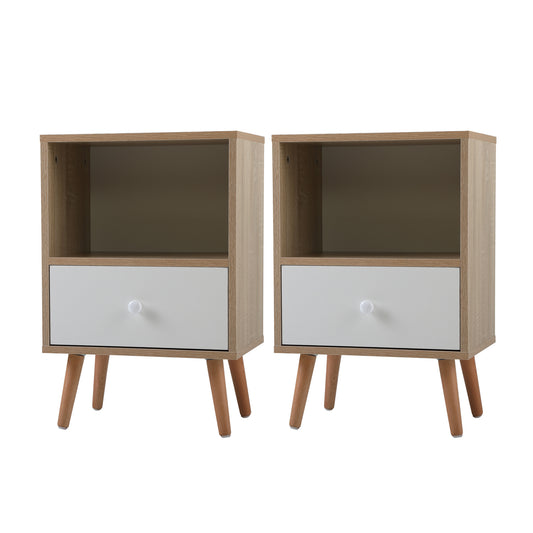 Mid-Century Wood Nightstand, Bed Sofa Side Table with Drawer and Shelf, Modern End Table for Living Room Bedroom Office, Set of 2, Natural and White