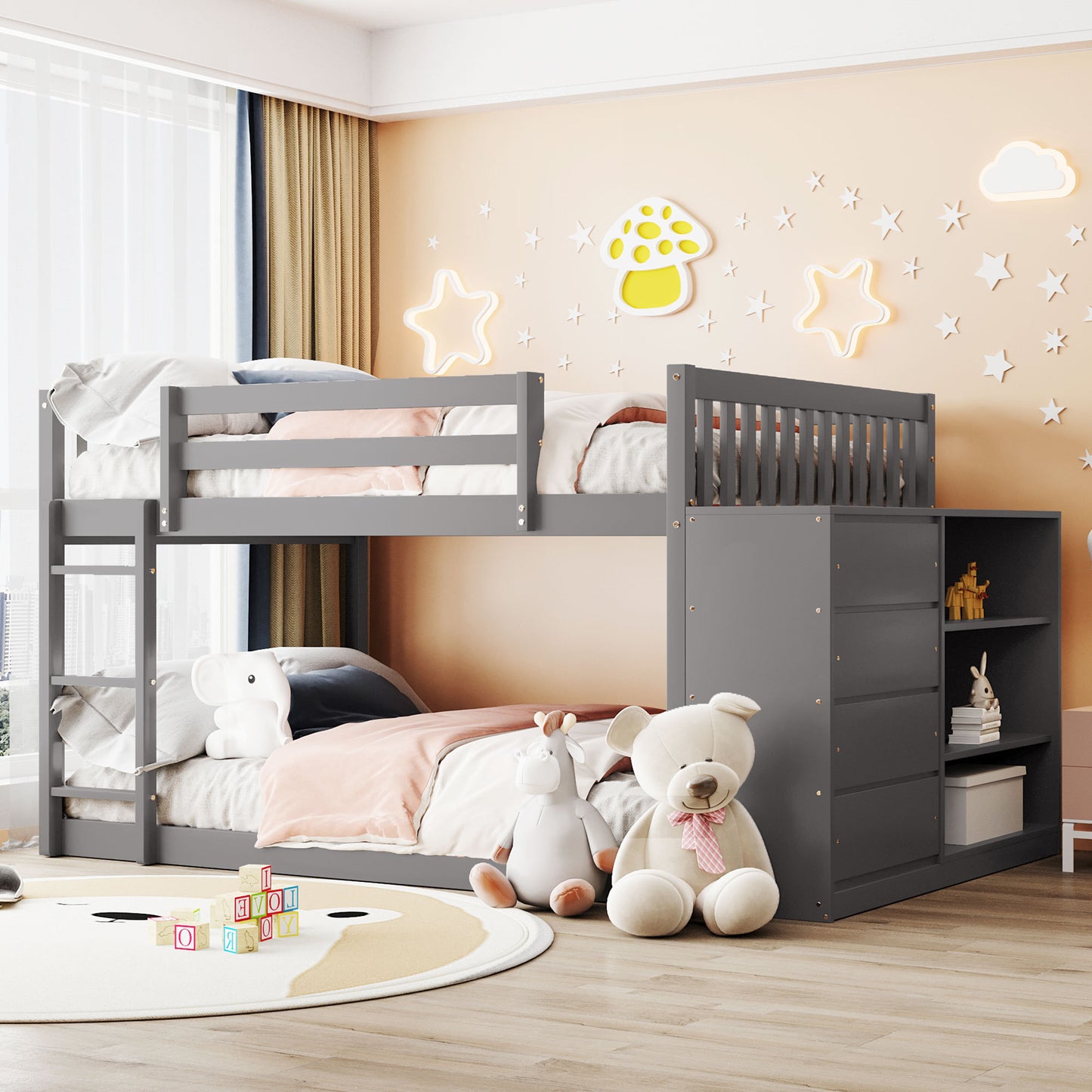 Spacious and Elegant Gray Full over Full Bunk Bed with Storage